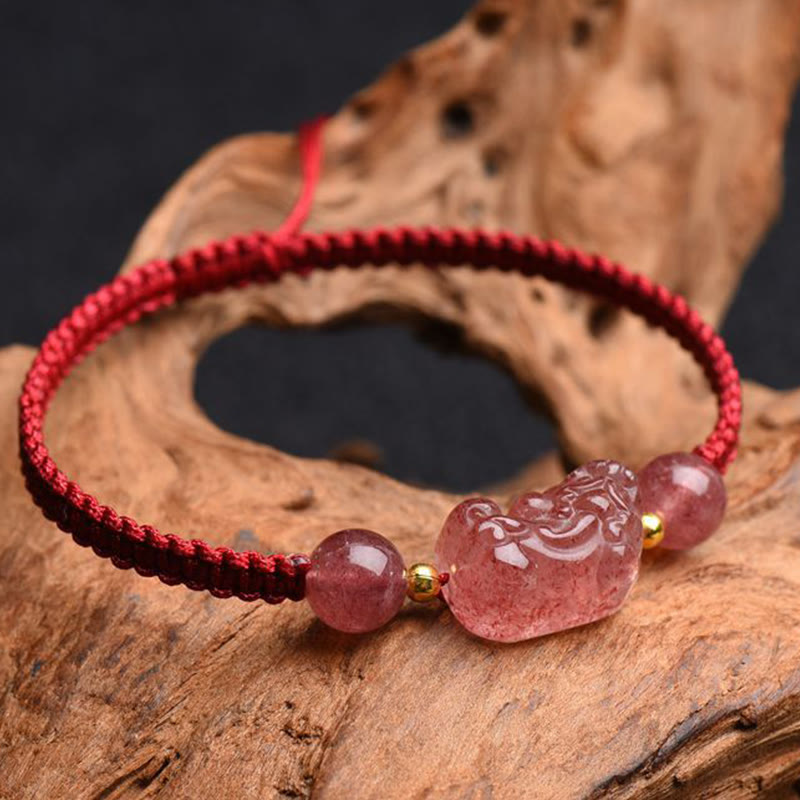 Buddha Stones Natural Strawberry Quartz PiXiu Lucky Red String Bracelet - image 3