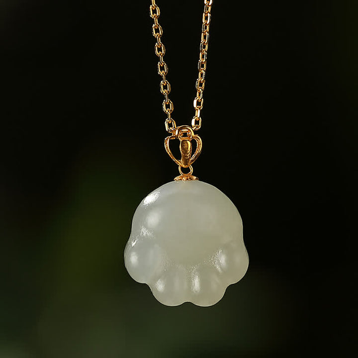 Buddha Stones 925 Sterling Silver Hetian White Jade Cute Cat Paw Luck Necklace Pendant - image 1