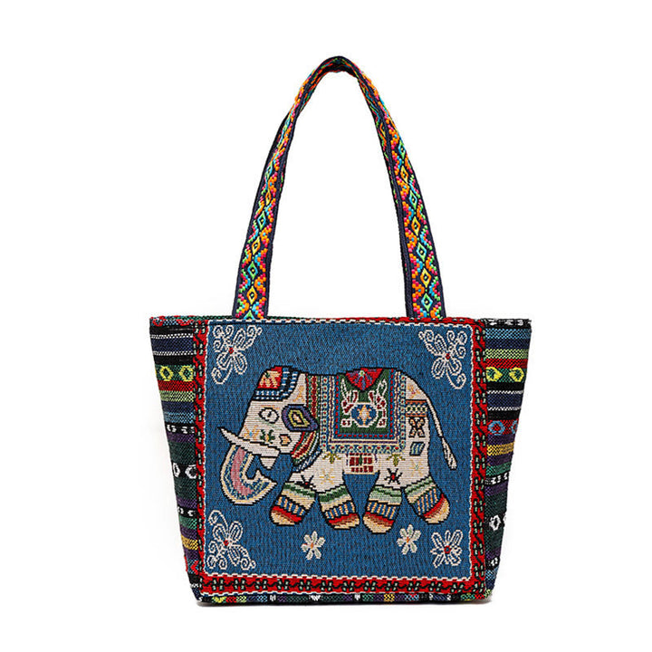 Buddha Stones Elephant Butterfly Embroidered Large Capacity Canvas Tote Bag Shoulder Bag - Blue Elephant - image 18