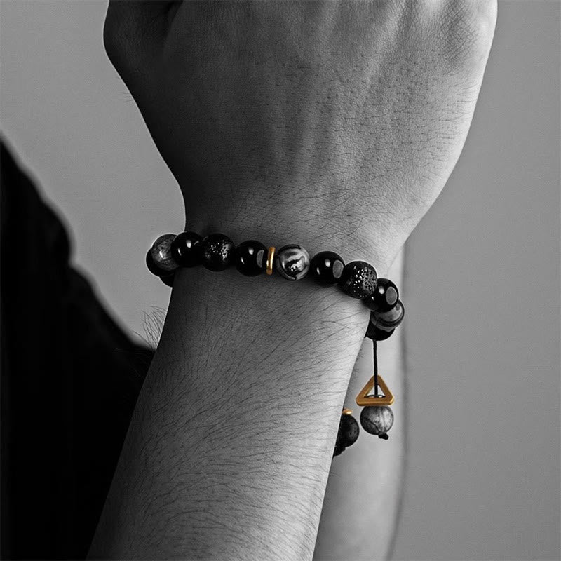 Buddha Stones Black Obsidian Lava Rock Stone Yin Yang Strength Bracelet - image 12