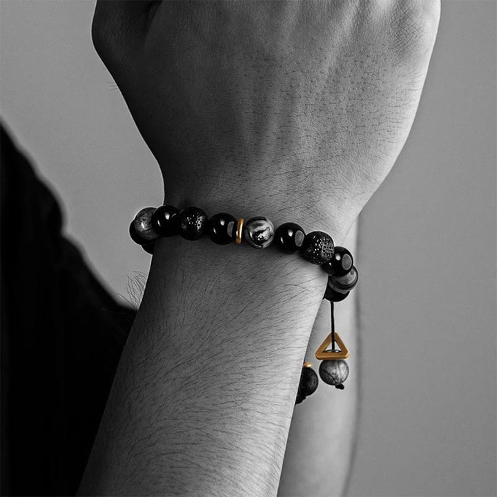 Buddha Stones Black Obsidian Lava Rock Stone Yin Yang Strength Bracelet - image 11