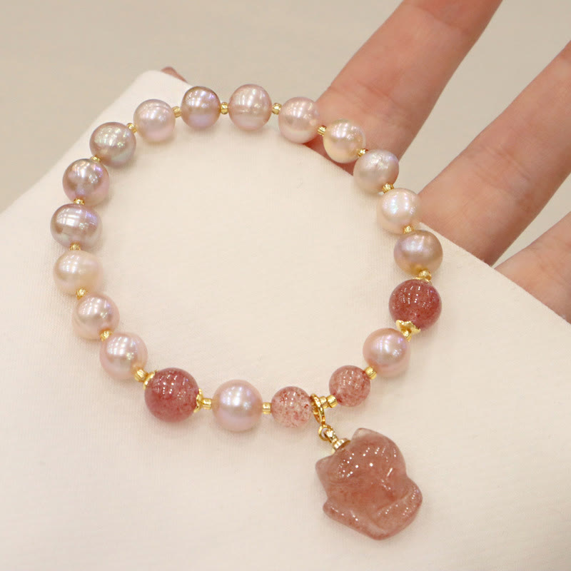 Buddha Stones Natural Pearl Strawberry Quartz Cute Fox Love Healing Charm Bracelet - image 3