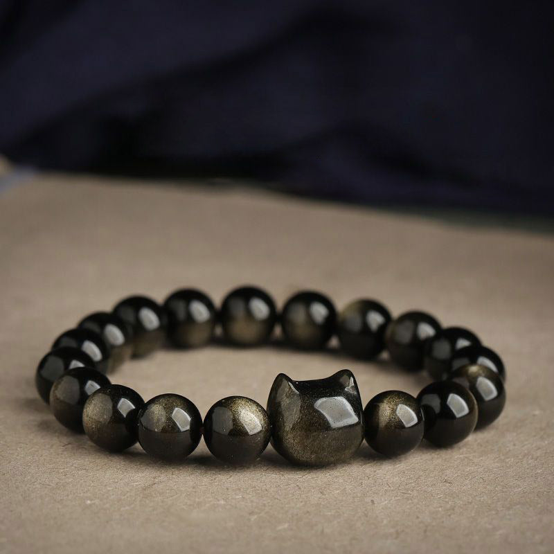 Buddha Stones Gold Sheen Obsidian Silver Sheen Obsidian Lovely Paw Lucky Cat Protection Bracelet - image 5