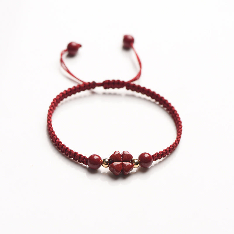 Buddha Stones Four Leaf Clover Five-petal Flower Cinnabar Blessing Red String Bracelet - image 9
