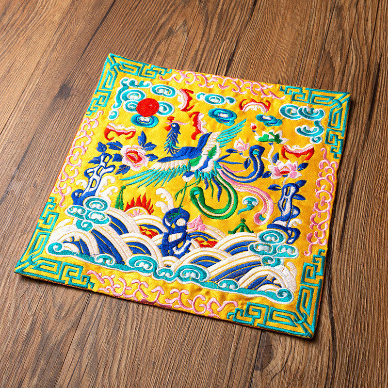 Buddha Stones Phoenix Dragon Kirin Embroidery Cup Mat Pad Tea Cup Coaster Kung Fu Tea Mat - Yellow Green Phoenix - image 10