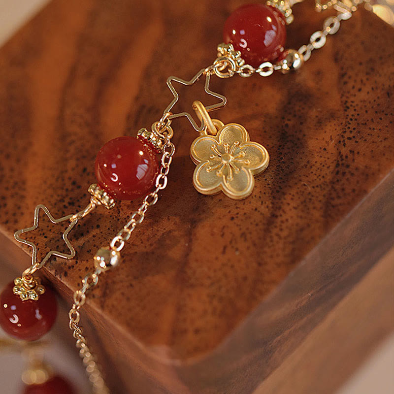 Buddha Stones 14k Gold Plated Red Agate Star Flower Charm Calm Bracelet - image 1