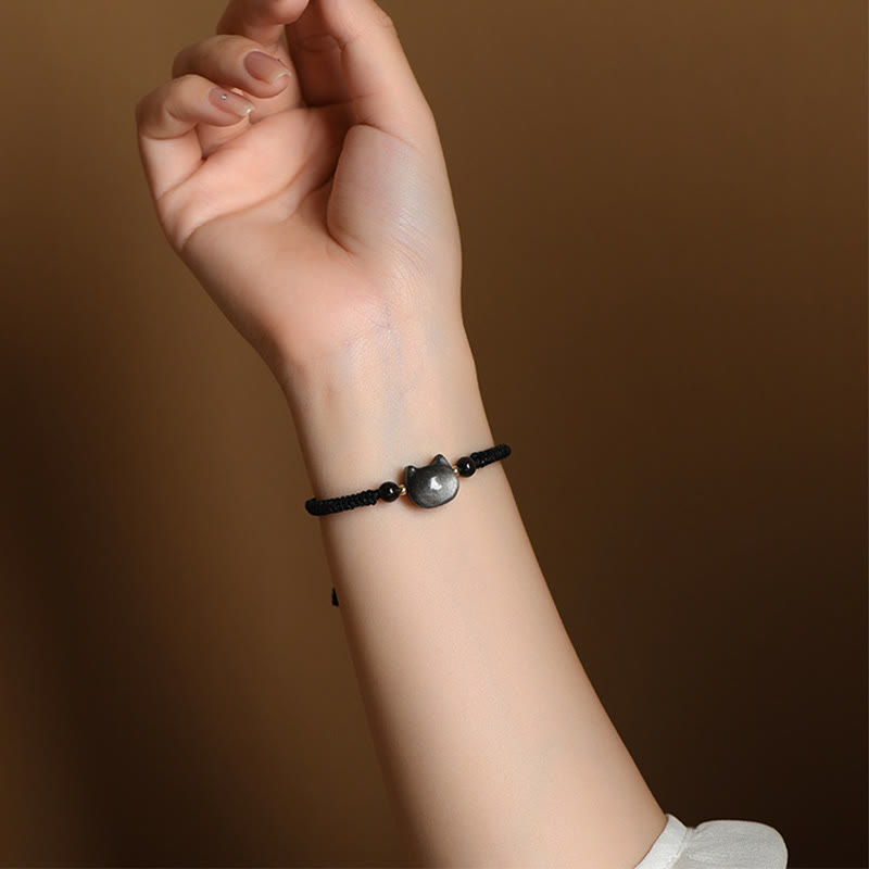 Buddha Stones Handmade Natural Silver Sheen Obsidian Strawberry Quartz Cute Cat Protection Braided Bracelet - image 6