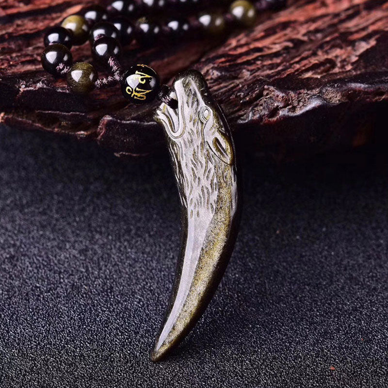 Buddha Stones Natural Black Obsidian Ice Obsidian Rainbow Obsidian Wolf Tooth Pattern Strength Necklace Pendant - image 22