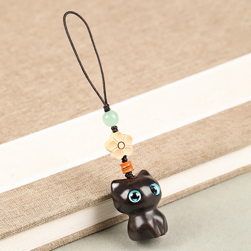 Buddha Stones Mini Small Leaf Red Sandalwood Ebony Wood Lucky Cat Lovely Kitty Peace Key Chain Phone Hanging Decoration - Phone Hanging Decoration - Ebony Cat - image 13