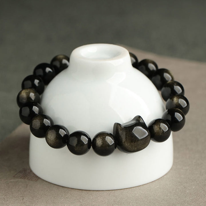 Buddha Stones Gold Sheen Obsidian Silver Sheen Obsidian Lovely Paw Lucky Cat Protection Bracelet - image 5