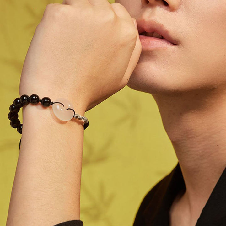 Buddha Stones 925 Sterling Silver Black Obsidian Agate Peace Buckle Strength Bracelet - image 5
