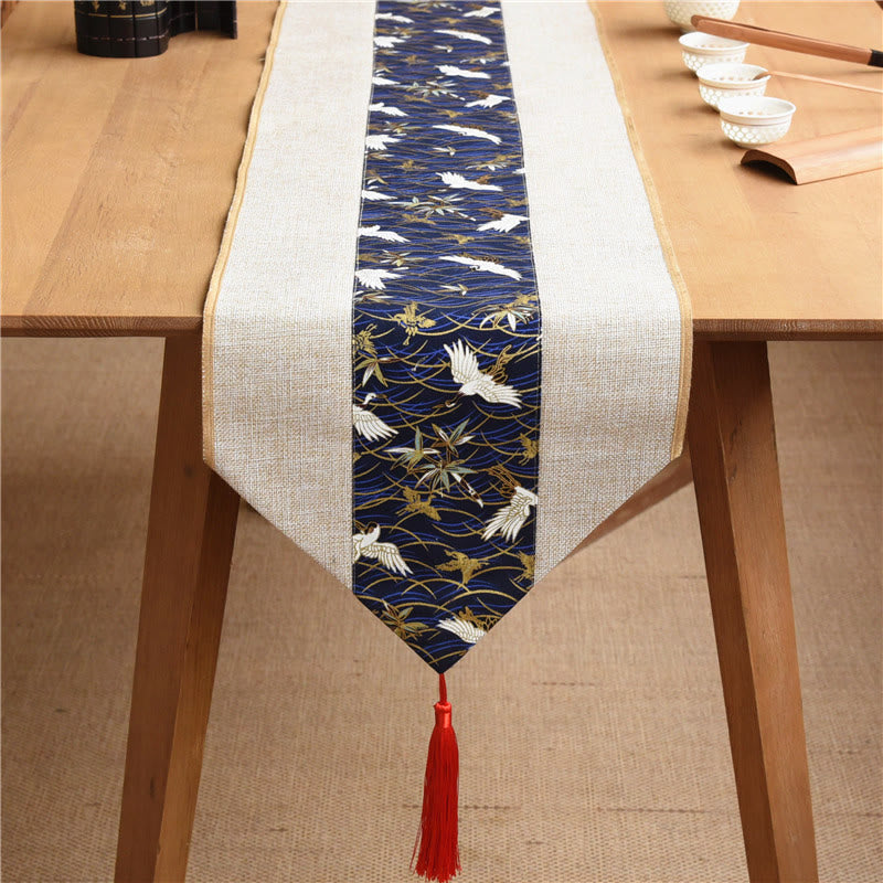 Buddha Stones Classic Chinese Style Lotus Koi Fish Flower Crane Calligraphy Enlightenment Cotton Linen Tassels Table Runner - Beige Blue Crane - 30*180cm - image 27