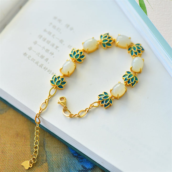 Buddha Stones White Jade Cyan Jade Lotus Protection Bracelet - image 1