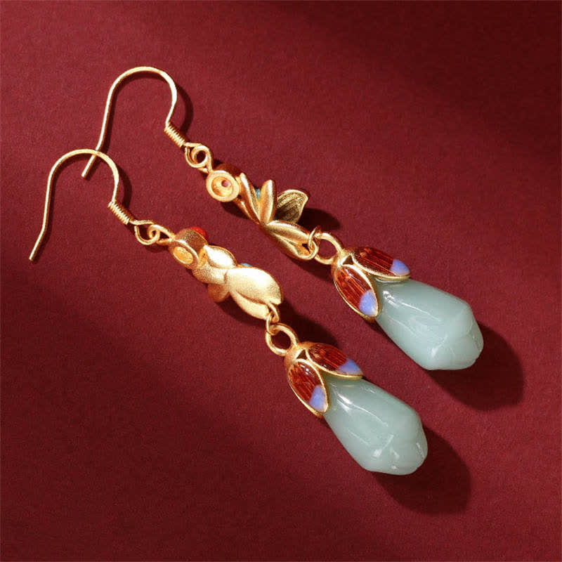 Magnolia Flower Jade Pattern Luck Prosperity Drop Dangle Earrings - image 3