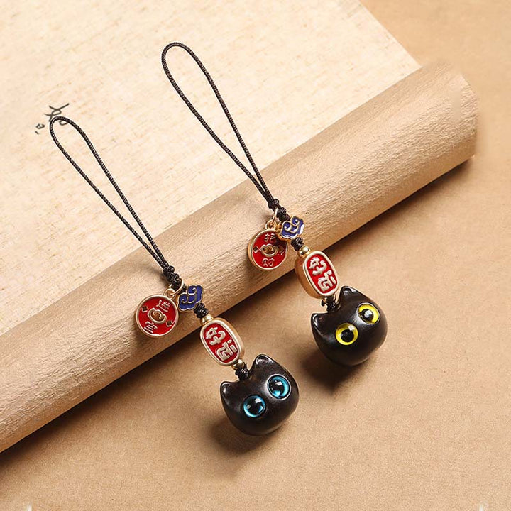 Buddha Stones Ebony Wood Lucky Cat Auspicious Cloud Peace Key Chain Phone Hanging Decoration - image 19
