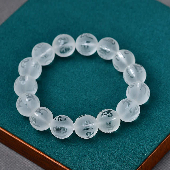 Buddha Stones Tibet White Crystal Black Onyx Om Mani Padme Hum Meditation Bracelet - Frosted White Crystal(Synthetic) - 14mm - image 18