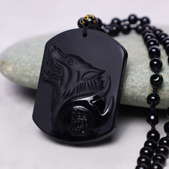 Buddha Stones Black Obsidian Stone Wolf Purification Pendant Necklace - image 5
