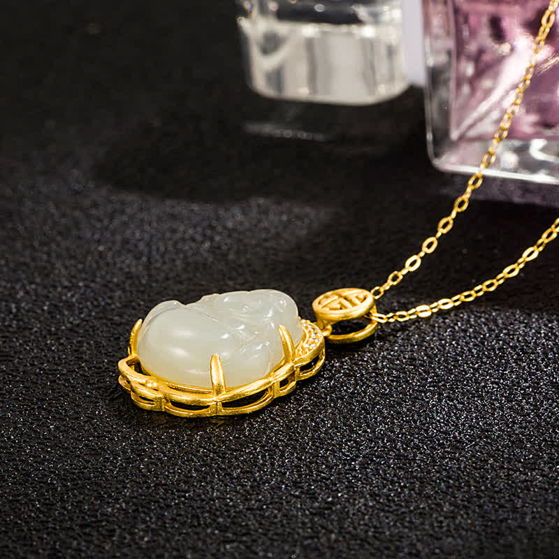 Buddha Stones 925 Sterling Silver Laughing Buddha Hetian White Jade Protection Necklace Pendant - image 3