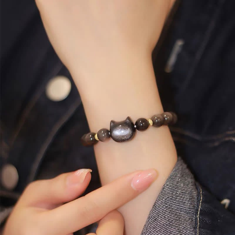 Buddha Stones Gold Sheen Obsidian Silver Sheen Obsidian Lovely Paw Lucky Cat Protection Bracelet - image 34