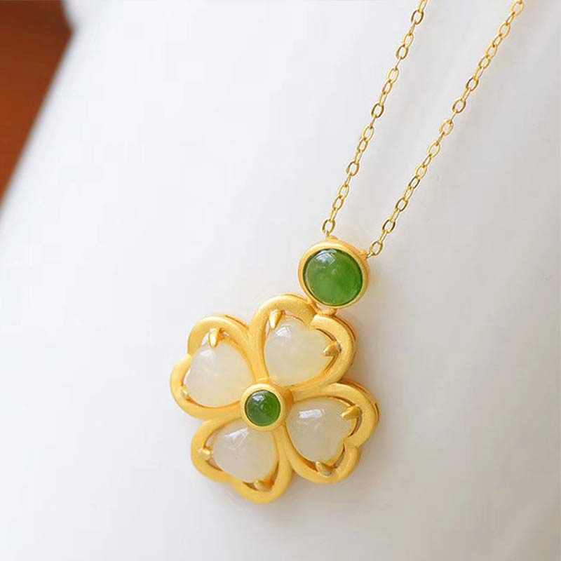 Buddha Stones 925 Sterling Silver Lucky Four Leaf Clover Jade Prosperity Necklace Chain Pendant - image 9