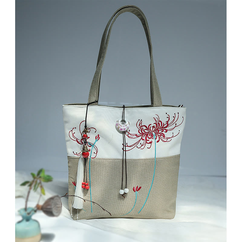 Buddha Stones Pear Flower Plum Peach Blossom Bamboo Embroidery Canvas Large Capacity Shoulder Bag Tote Bag - image 44