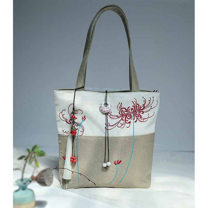 Buddha Stones Pear Flower Plum Peach Blossom Bamboo Embroidery Canvas Large Capacity Shoulder Bag Tote Bag - image 44