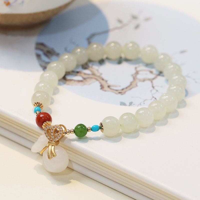 Buddha Stones Natural Hetian White Jade 14K Gold Plated Money Bag Blessing Bracelet - Hetian White Jade(Protection♥Blessing) - image 0