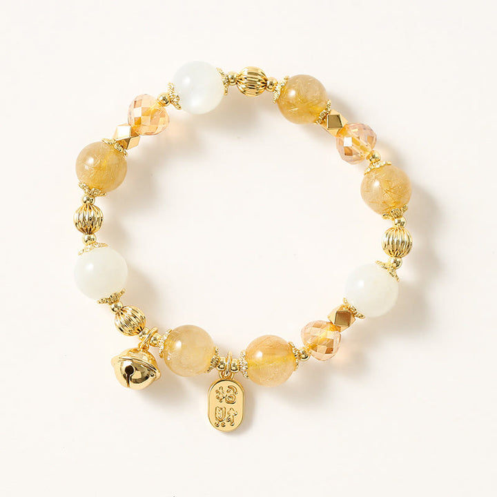 Buddha Stones 14K Gold Plated Golden Rutilated Quartz Wealth Bell Lucky Fortune Charm Bracelet - image 1