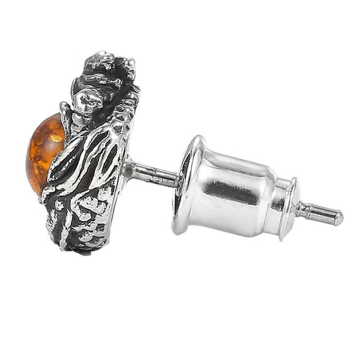 Buddha Stones 925 Sterling Silver Natural Amber Dragon Success Protection Stud Earring - image 7