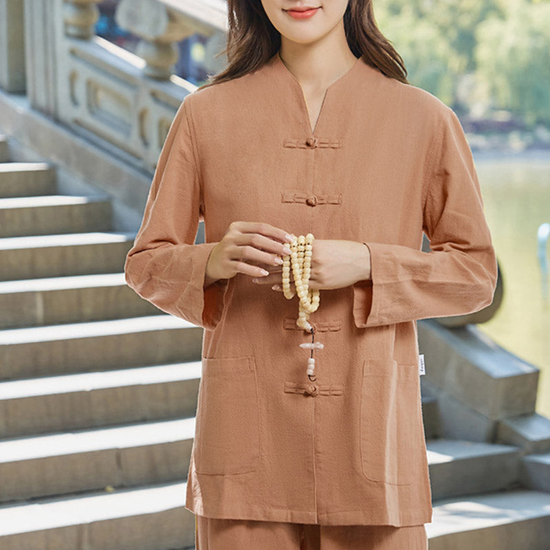 Buddha Stones Spiritual Zen Practice Yoga Meditation Prayer Uniform Cotton Linen Clothing Women's Set - SandyBrown - US18，UK/AU22，EU50 (6XL) - image 11