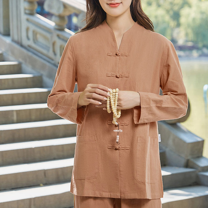 Buddha Stones Spiritual Zen Practice Yoga Meditation Prayer Uniform Cotton Linen Clothing Women's Set - SandyBrown - US18，UK/AU22，EU50 (6XL) - image 11