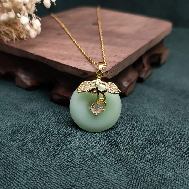 Buddha Stones Round Jade Leaf Blessing Fortune Necklace Chain Pendant - image 4