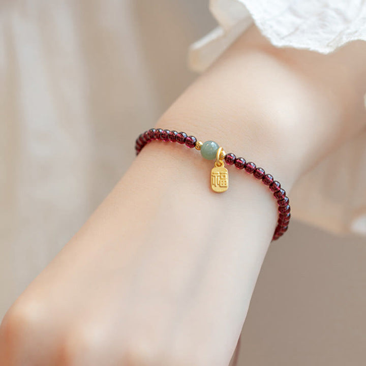 Buddha Stones Natural Strawberry Quartz Garnet Jade Lucky Fortune Fu Character Healing Charm Bracelet - image 14