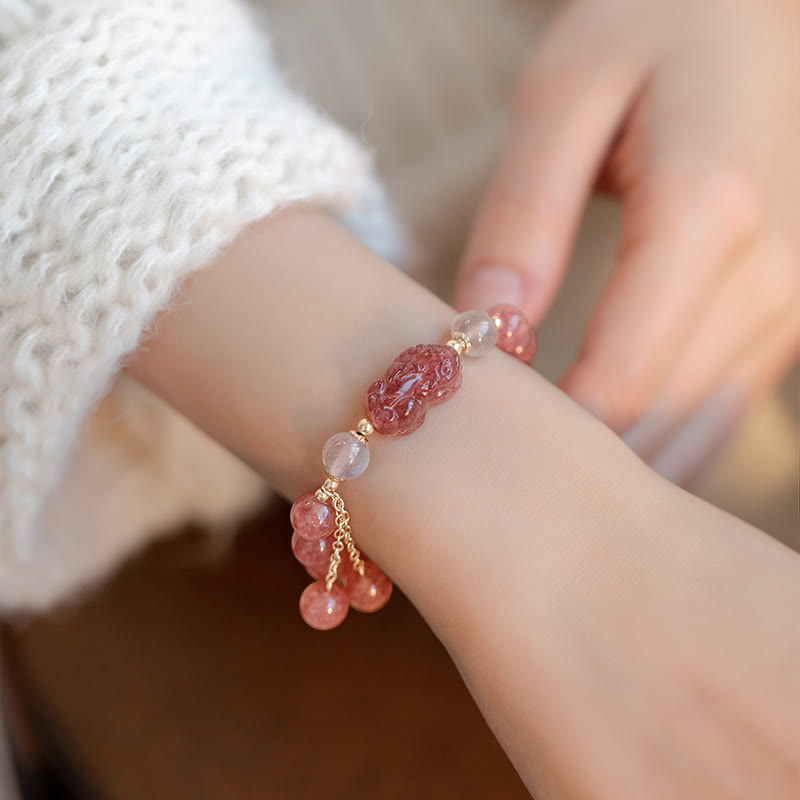 Buddha Stones Natural Strawberry Quartz Moonstone PiXiu Love Healing Bracelet - image 1