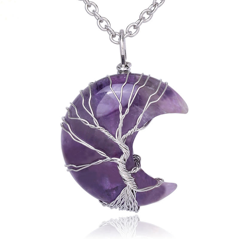 Buddha Stones Natural Quartz Crystal Moon Tree Of Life Healing Energy Necklace Pendant - Amethyst - image 0