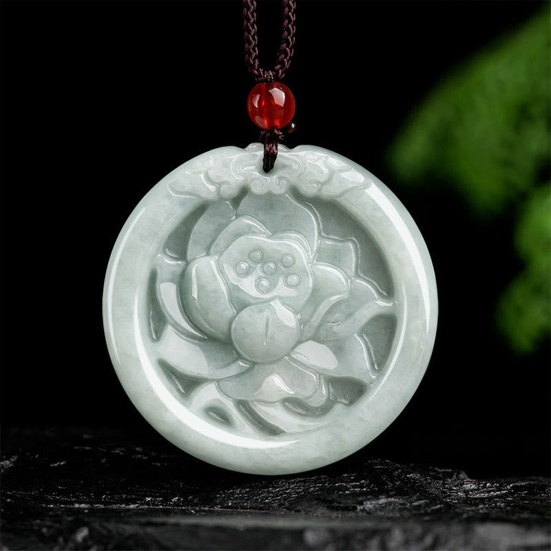 Buddha Stones Natural Jade Lotus Flower Carved Prosperity Necklace Pendant - Jade(Prosperity♥Abundance) - image 0