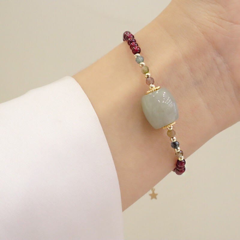 Buddha Stones Garnet Jade Bead Peace Buckle Protection Bracelet - Garnet&Barrel Bead - image 7