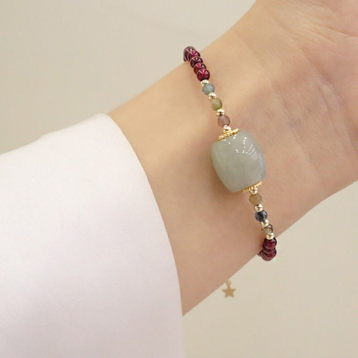 Buddha Stones Garnet Jade Bead Peace Buckle Protection Bracelet - Garnet&Barrel Bead - image 7