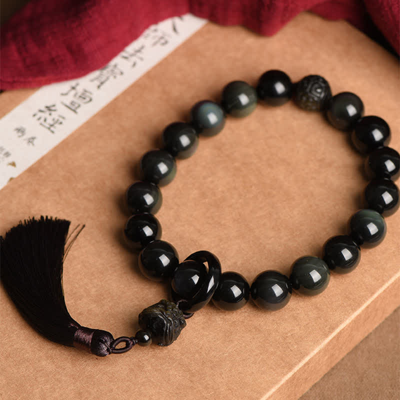 Buddha Stones Natural Black Obsidian Lion Wrist Mala Protection Tassels Pocket Mala Car Decoration - image 2