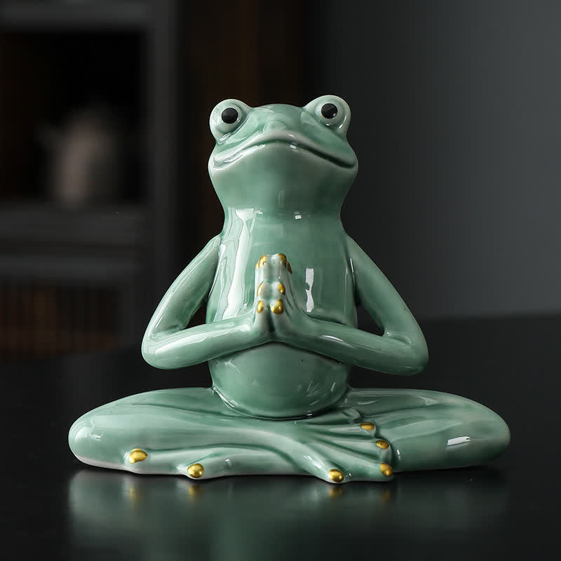 Buddha Stones Meditating Ceramic Zen Frog Statue Decoration - Praying Frog - Green - image 1