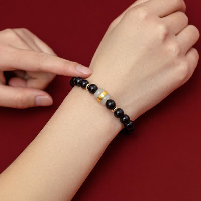 Buddha Stones Black Obsidian Jade Om Mani Padme Hum Strength Couple Magnetic Bracelet - image 5