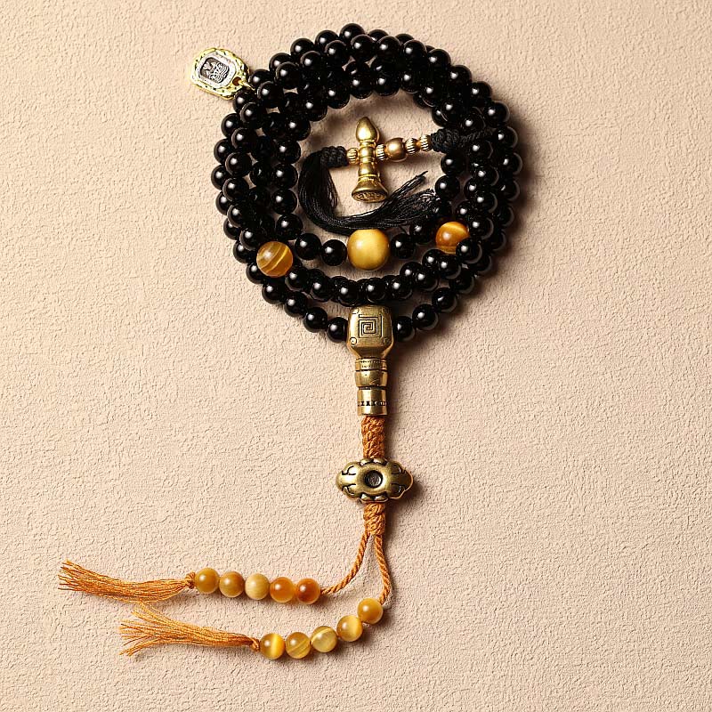 Buddha Stones Tibetan 108 Mala Beads Black Onyx Tiger Eye Beads Nine Palaces Bagua Protection Bracelet - Black Onyx&Copper - 8mm - image 12