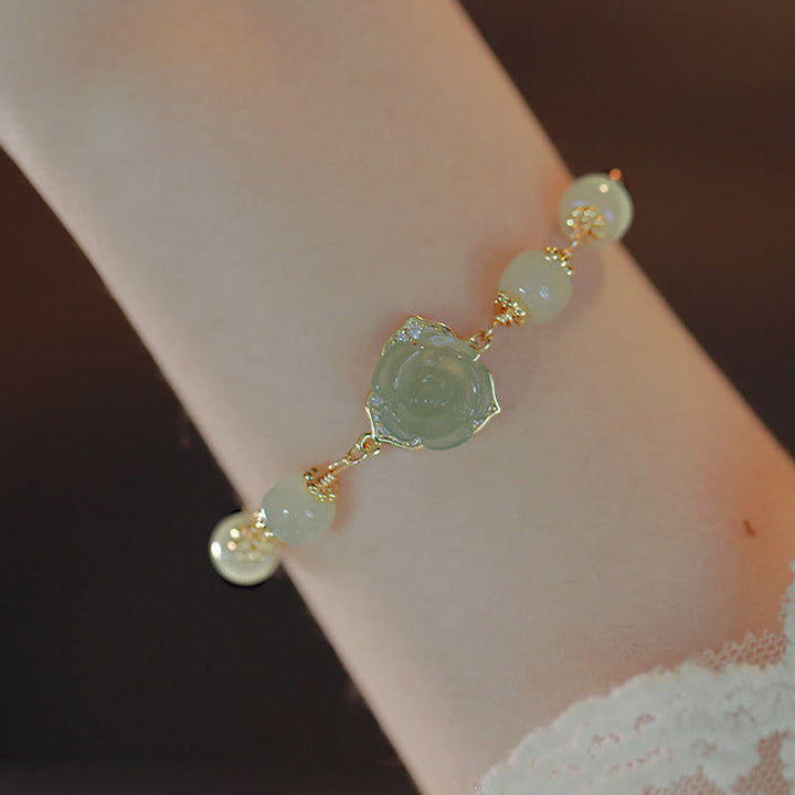Buddha Stones 14K Gold Plated Hetian Jade Rose Flower Luck Chain Bracelet - image 1