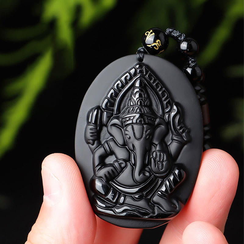 Buddha Stones Tibetan Obsidian Ganesh Ganpati Elephant Wealth Amulet Necklace - image 8