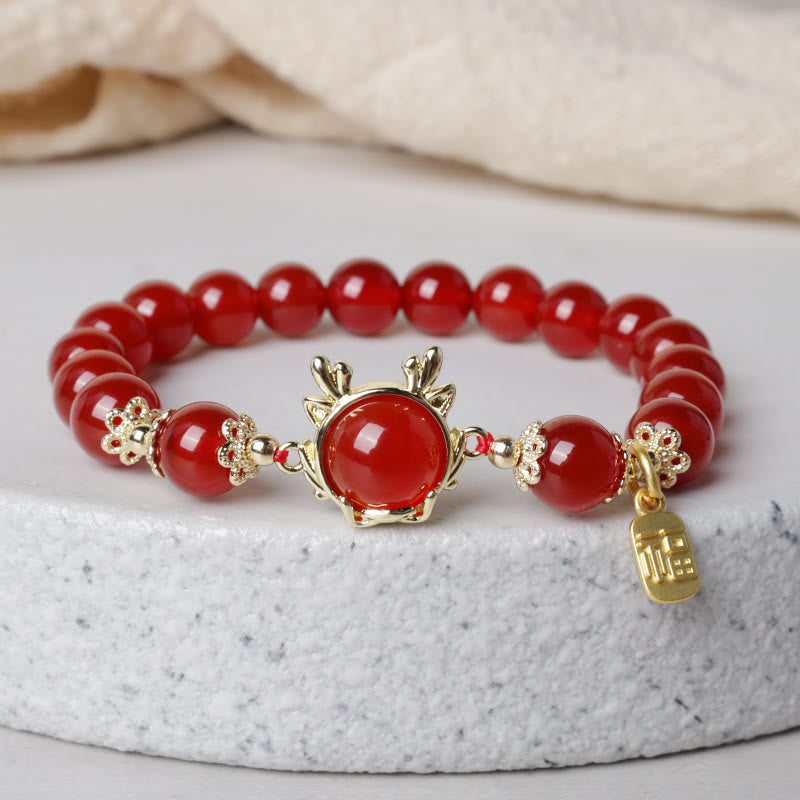 Buddha Stones Year of the Dragon Red Agate Jade Peace Buckle Fu Character Success Bracelet - Red Agate Dragon Fu Character(Wrist Circumference 14-16cm) - image 5