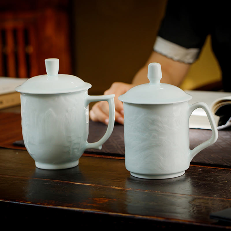 Buddha Stones Jingdezhen White Porcelain Handmade Great Wall Landscape Engraved Ceramic Teacup Office Mug Tea Cups - image 1