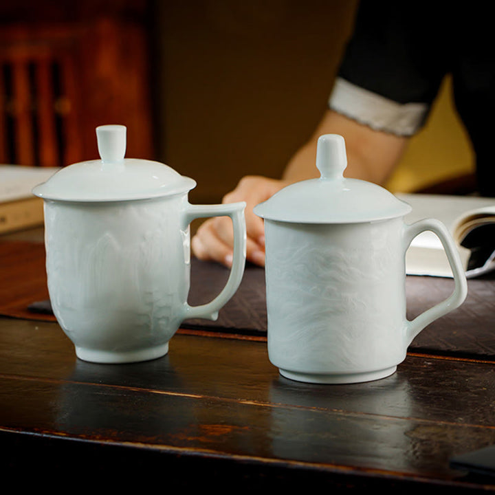 Buddha Stones Jingdezhen White Porcelain Handmade Great Wall Landscape Engraved Ceramic Teacup Office Mug Tea Cups - image 1
