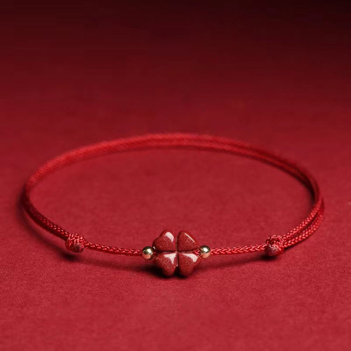 Buddha Stones Natural Cinnabar Four Leaf Clover Blessing Red String Bracelet Anklet - Dark Red - Anklet(Anklet Circumference 21-27cm) - Without Golden Bead - image 2