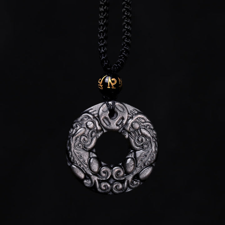 Buddha Stones Natural Silver Sheen Obsidian Double PiXiu Copper Coin Peace Buckle Protection Necklace Pendant - image 7