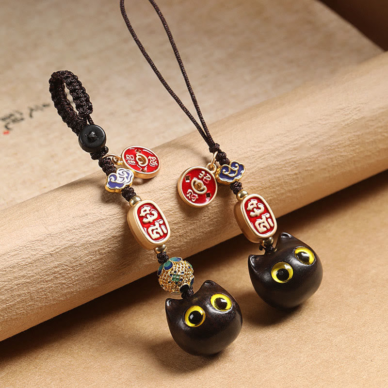 Buddha Stones Ebony Wood Lucky Cat Auspicious Cloud Peace Key Chain Phone Hanging Decoration - image 0